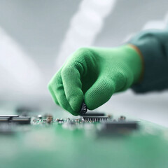 Poster - Precision manufacturing. A gloved hand carefully places a microchip on a circuit board. Symbolizing technology, electronics, engineering,  innovation. Great for tech concepts.