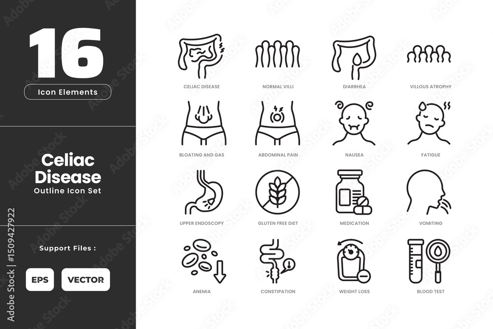 Celiac Disease Icon Set Collection - Outline Line Art Style. Containing ...