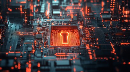 Poster - Abstract Digital Keyhole Glowing Orange Technology Circuit Board Background Modern Futuristic Design Innovation Security Network Data Protection System Powerful Secure Encryption  