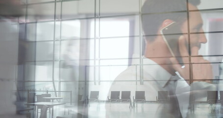 Poster - Image of caucasian businessman using smartphone over time lapse with people in office