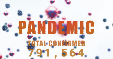 Poster - Pandemic text with increasing cases over multiple covid-19 cells floating against white background