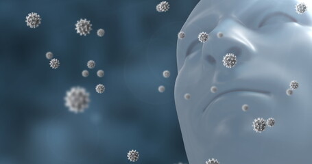 Poster - Multiple covid-19 cells floating over human head model against copy space on blue background