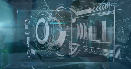 Poster - Image of diverse data on digital screen over businesspeople clapping hands