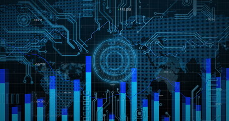 Leinwandbilder - Image of computer circuit board, world map and data processing