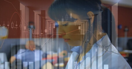 Poster - Image of statistical data processing over woman using digital tablet