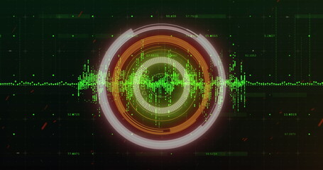 Leinwandbilder - Digital image of data processing over neon round scanner against black background