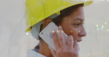 Poster - Image of statistical data processing over female architect talking on smartphone