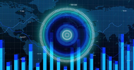 Poster - Image of processing circle, data and world map on black background