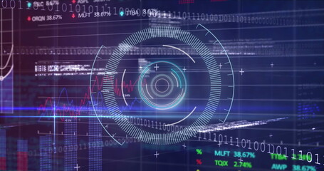  - Stock market data processing over neon round scanner and data processing against blue background