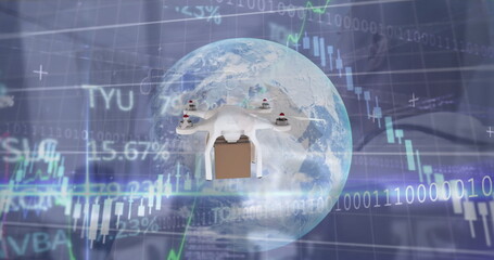 Poster - Image of drone over globe, graphs and financial data and african american male doctor