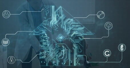 Poster - Image of data processing over caucasian male doctor with patient