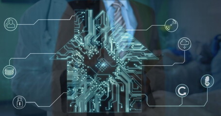 Poster - Image of data processing over caucasian male doctor with patient