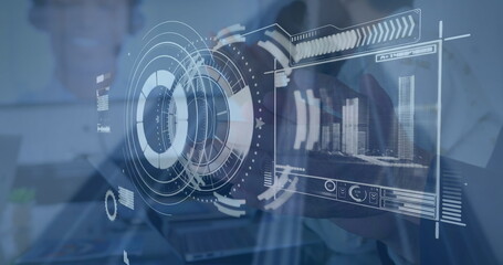 Poster - Image of diverse data on digital screen over hands of businesspeople clapping hands