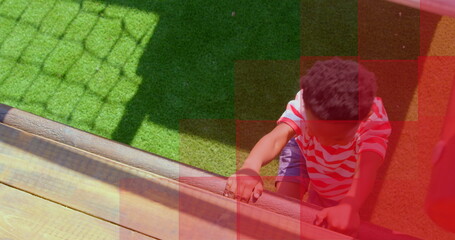 Poster - Image of red shapes over african american schoolboy