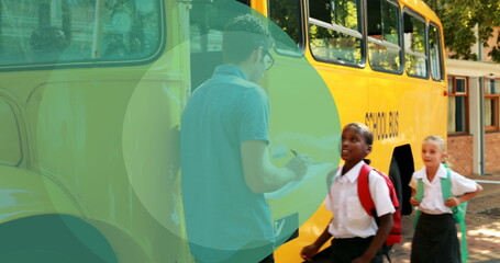 Poster - Image of shapes over diverse schoolchildren in school bus