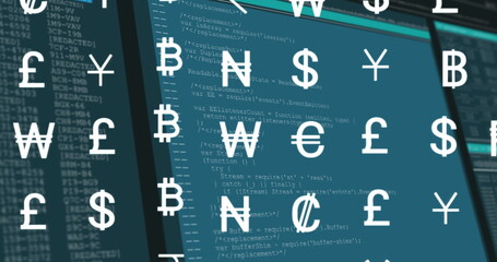 Poster - Image of currency symbols over data processing on blue background