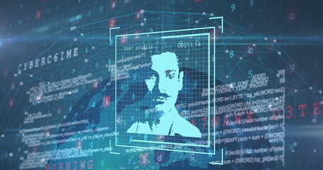 Poster - Image of user photo and data processing over globe on navy background