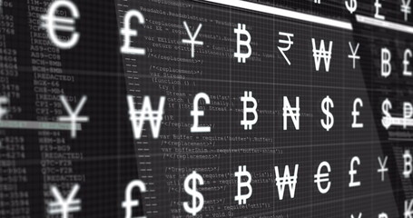 Poster - Image of currency symbols over data processing on black background
