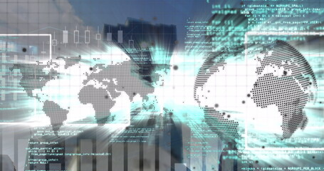 Poster - Image of world map and globe with data processing and light trails over cityscape