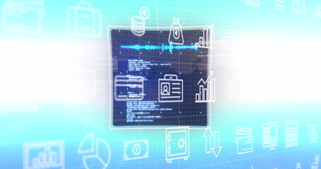Leinwandbilder - Image of tech icons over screen with data processing on blue background