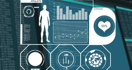 Poster - Displaying digital athlete interface on virtual screen, with silhouette graphic and stamina gauge