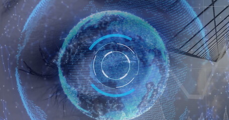 Poster - Image of scope scanning, globe and networks of connections over eye of caucasian woman
