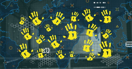 Poster - Image of yellow hand prints over world map, data, icons on grey background