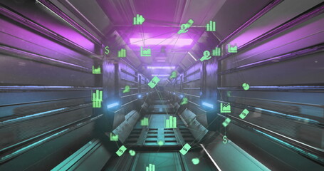 Poster - Image of financial icons over moving industrial tunnel