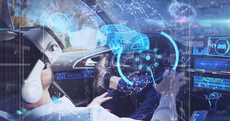 Poster - image of data processing over caucasian man wearing vr headset sitting in car