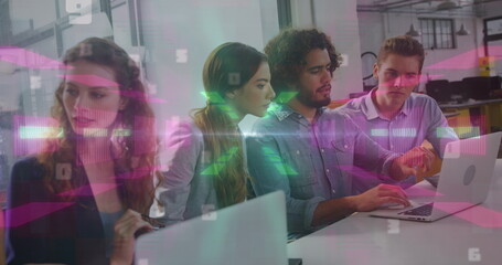 Poster - Image of neon lights moving over diverse female and male coworkers in office