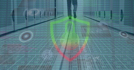 Poster - Image of data processing and padlock icon over caucasian businessman in server room