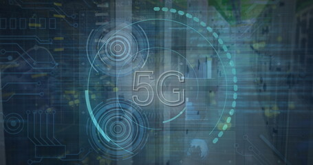 Poster - Image of data processing and scope scanning with 5g text over server room