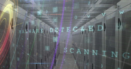 Leinwandbilder - Image of data processing and neon shapes over server room