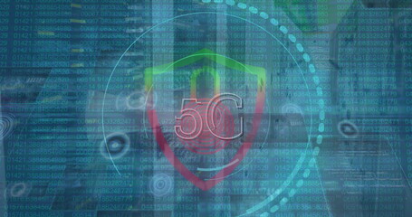 Poster - Image of data processing, padlock icon and scope scanning with 5g text over server room