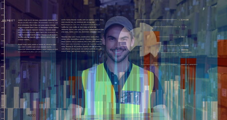 Poster - Image of data processing over caucasian male worker holding a delivery box smiling at warehouse