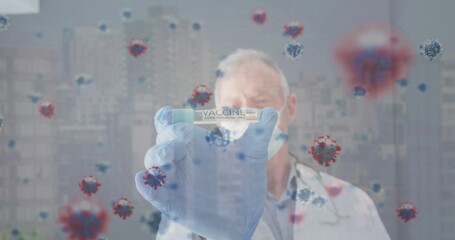 Poster - Image of virus cells over caucasian male doctor with vaccine
