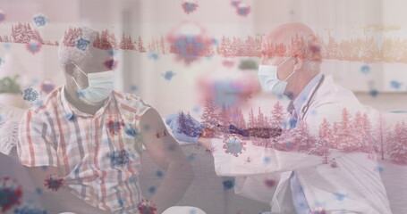 Poster - Image of virus cells over caucasian male doctor with patient