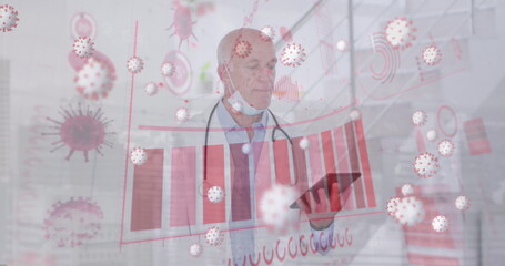 Poster - Image of virus cells over caucasian male doctor holding clipboard