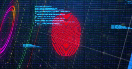 Leinwandbilder - Image of data processing, fingerprint and colorful shapes on navy background
