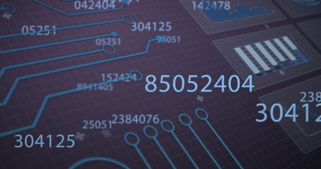 Leinwandbilder - Image of changing numbers over interface with data processing and microprocessor connections
