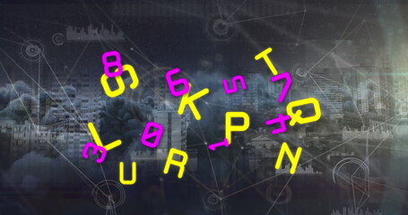 Poster - image of multiple numbers and alphabets over network of connections against dark clouds