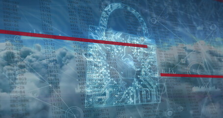 Poster - Image of security padlock icon and network of connections against clouds in the sky