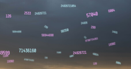 Poster - Image of multiple changing floating over sunset sky