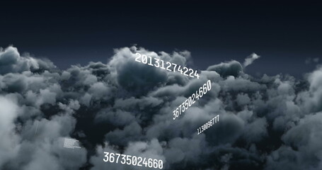 Poster - image of multiple changing numbers floating over dark clouds in the sky