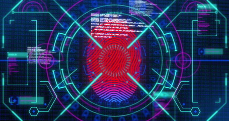 Leinwandbilder - Image of data processing, fingerprint and neon shapes on navy background