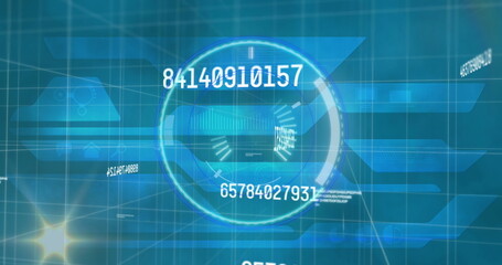 Poster - image of multiple changing numbers and spot of light over round scanner against blue background