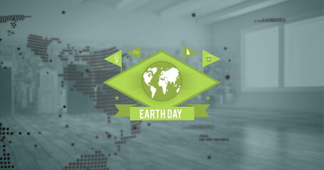 Poster - Image of earth day text over globe, data processing and empty room