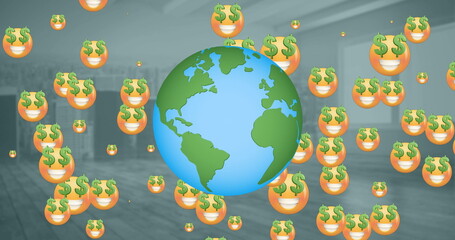 Poster - Image of globe and emoji icons over cityscape