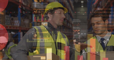 Poster - Image of data processing over caucasian male workers