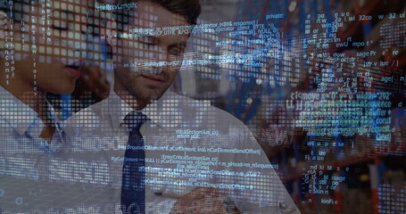 Poster - Image of data processing over diverse male and female supervisors discussing at warehouse